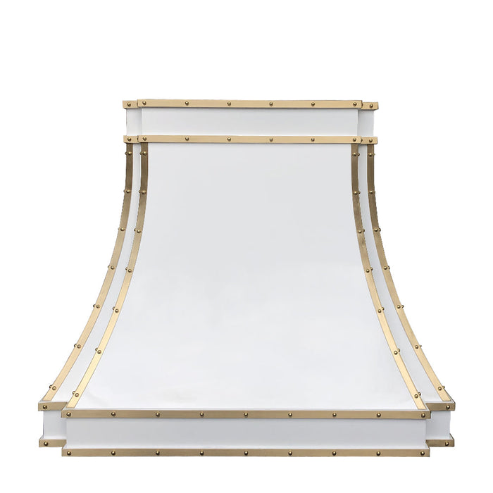 RHM Sweep White Stainless Steel Custom Range Hood with Brushed Brass Straps&Rivets for Tom