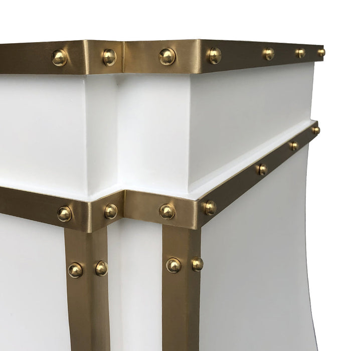 RHM Sweep White Stainless Steel Custom Range Hood with Brushed Brass Straps&Rivets for Tom