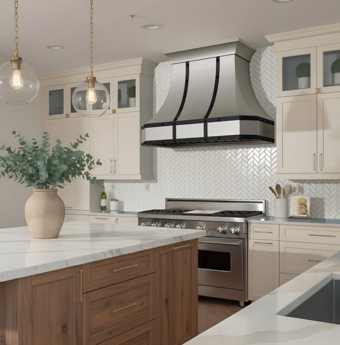 classic modern stainless steel range hood brushed finish with black straps and rivets at RangeHoodMaster