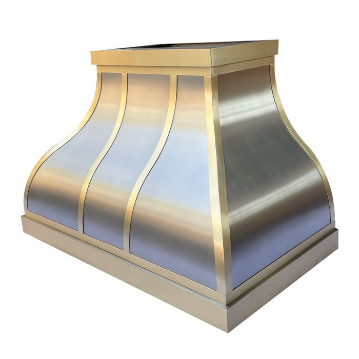 custom range hood with brushed brass straps