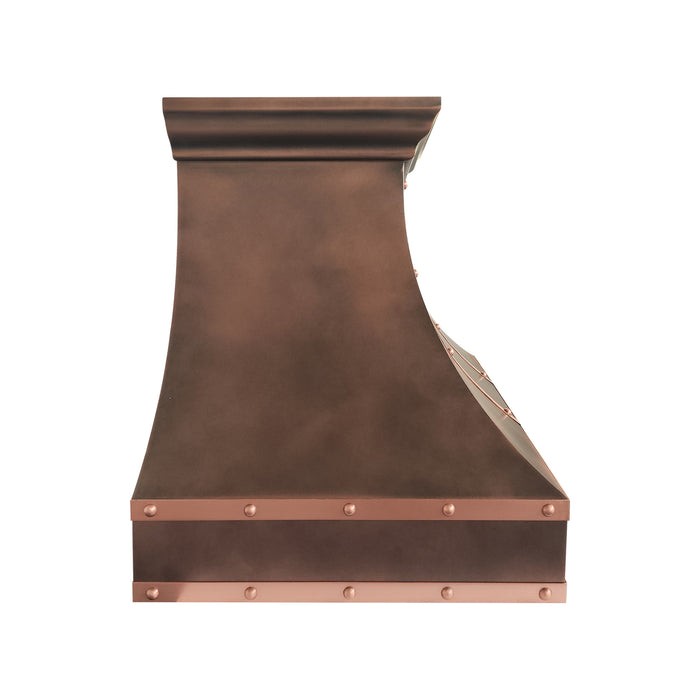 copper custom range hood with straps & rivets