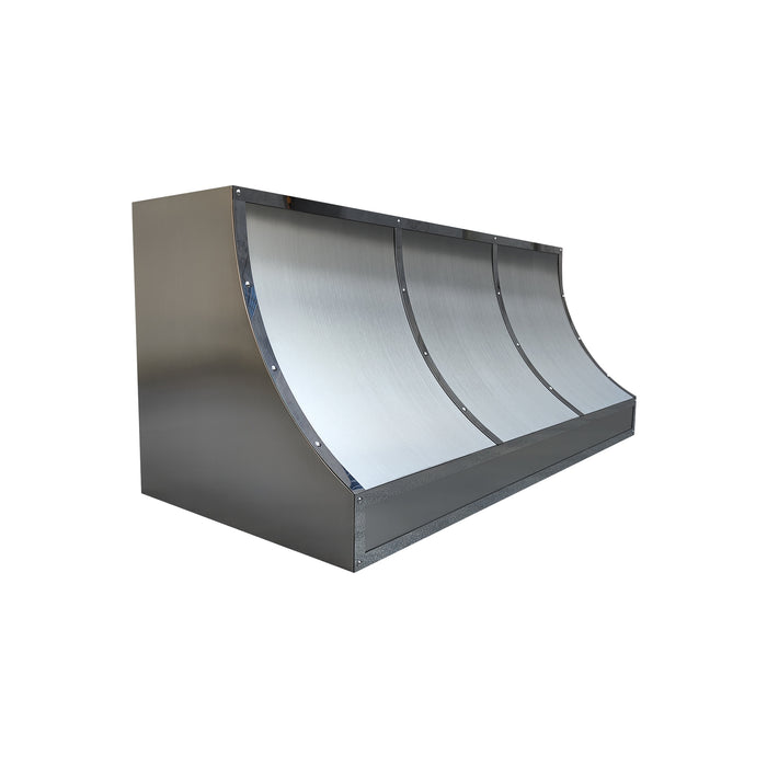 stainless steel range hood sloped design with mirror-like straps for under cabinet kitchen at RangeHoodMaster