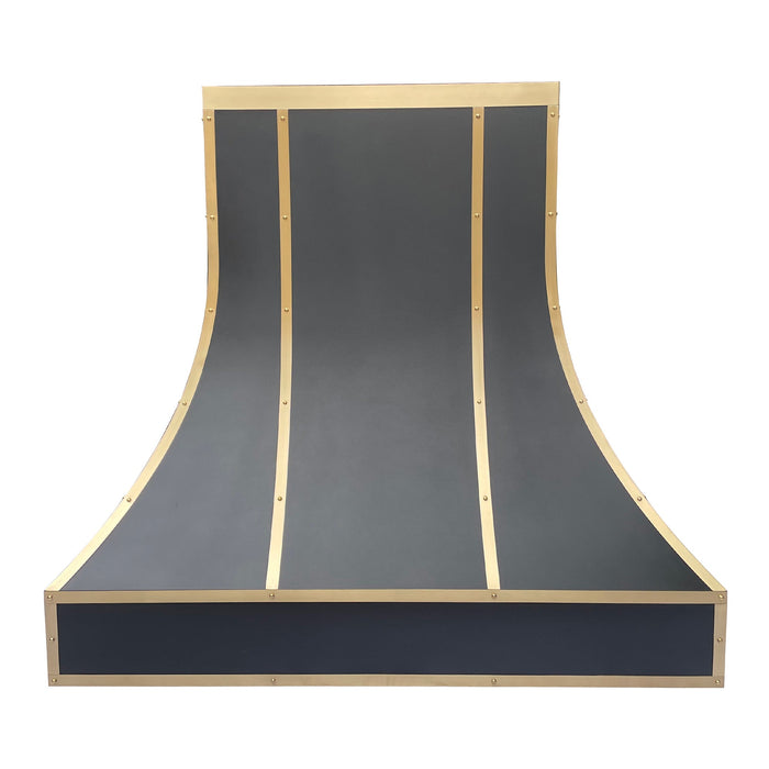 custom metal range hood with brushed brass  straps