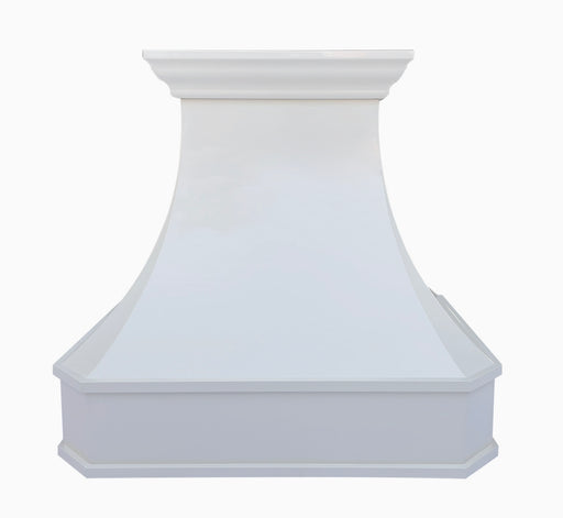 curved kitchen range hood made of stainless steel glossy white finish without straps and rivets, with a crown molding