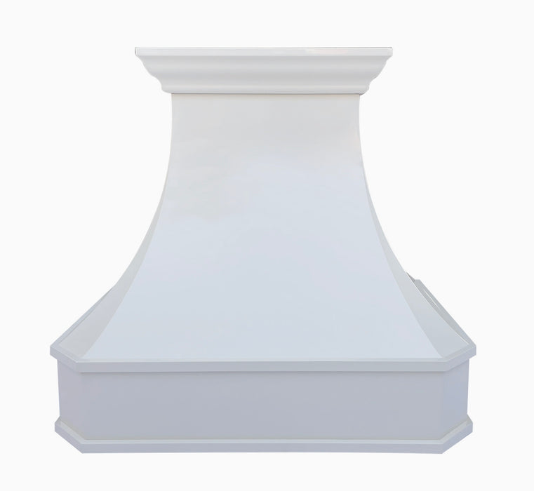 curved kitchen range hood made of stainless steel glossy white finish without straps and rivets, with a crown molding