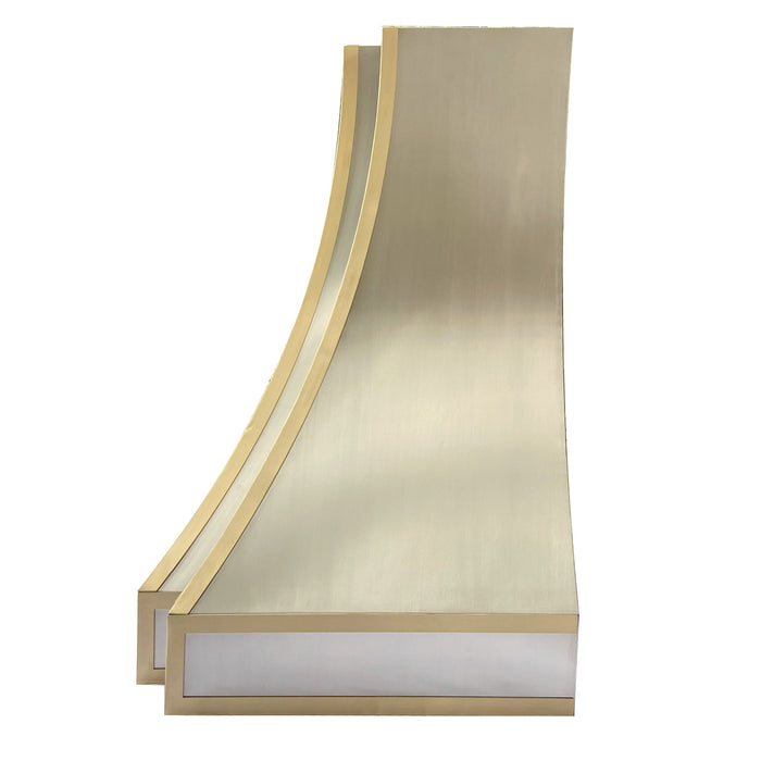 Curved Stainless Steel Custom Range Hood with Brass Straps for Janine