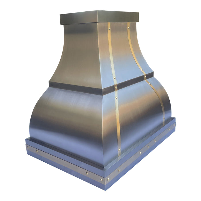 Curved Stainless Steel Range Hood with Brushed  Brass Straps 36W x 27D x 36H SH1-2TRM-GR (In Stock)