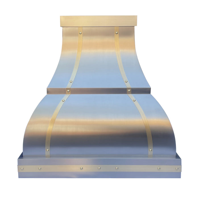 Curved Stainless Steel Range Hood with Brushed  Brass Straps 36W x 27D x 36H SH1-2TRM-GR (In Stock)