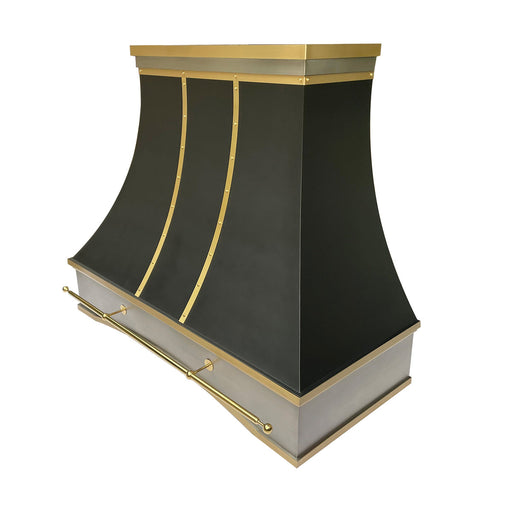 custom range hood with brass accents