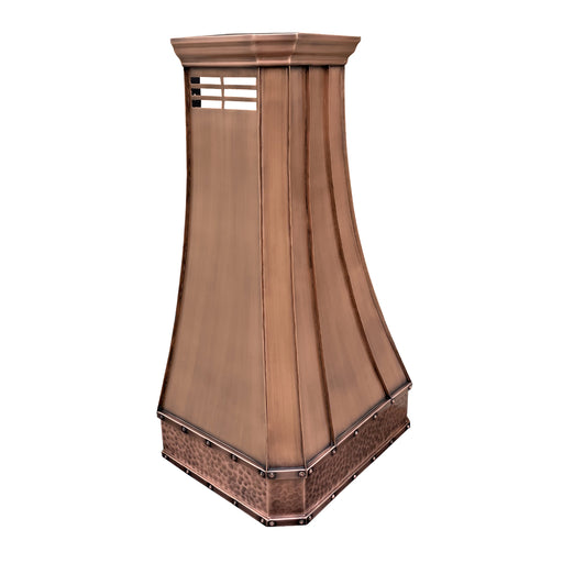 custom copper range hood in medium patina curve and clipped corner design at rangehoodmaster