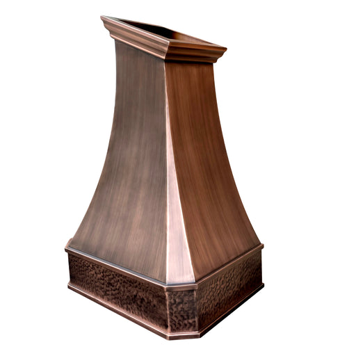 copper hood with medium copper finish and hand hammered apron, made to fit in sloping ceiling
