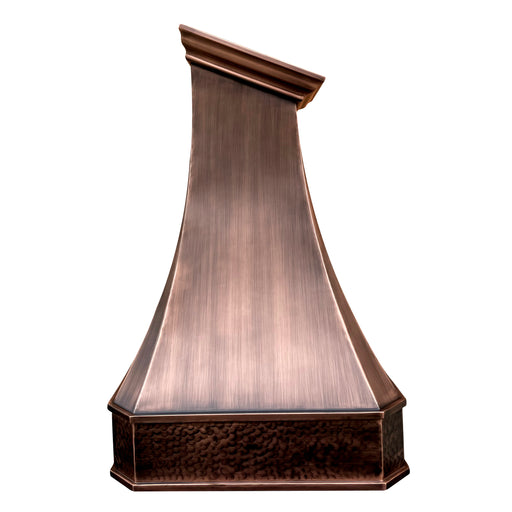 copper hood with medium copper finish and hand hammered apron, made to fit in sloping ceiling