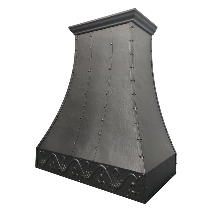 Rangehoodmaster heavy hammered copper range hood with apron  rivets