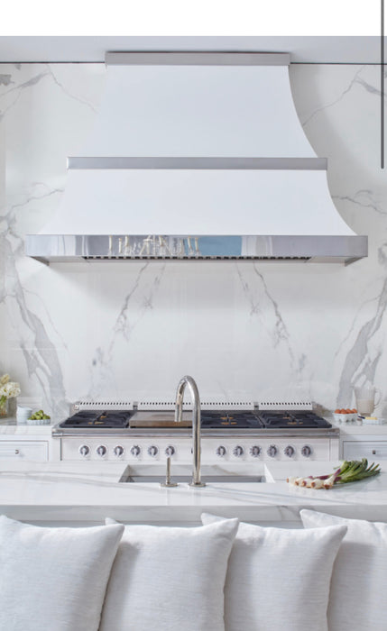 Curved Stainless Steel Custom Range Hoods with Brass Accents for William