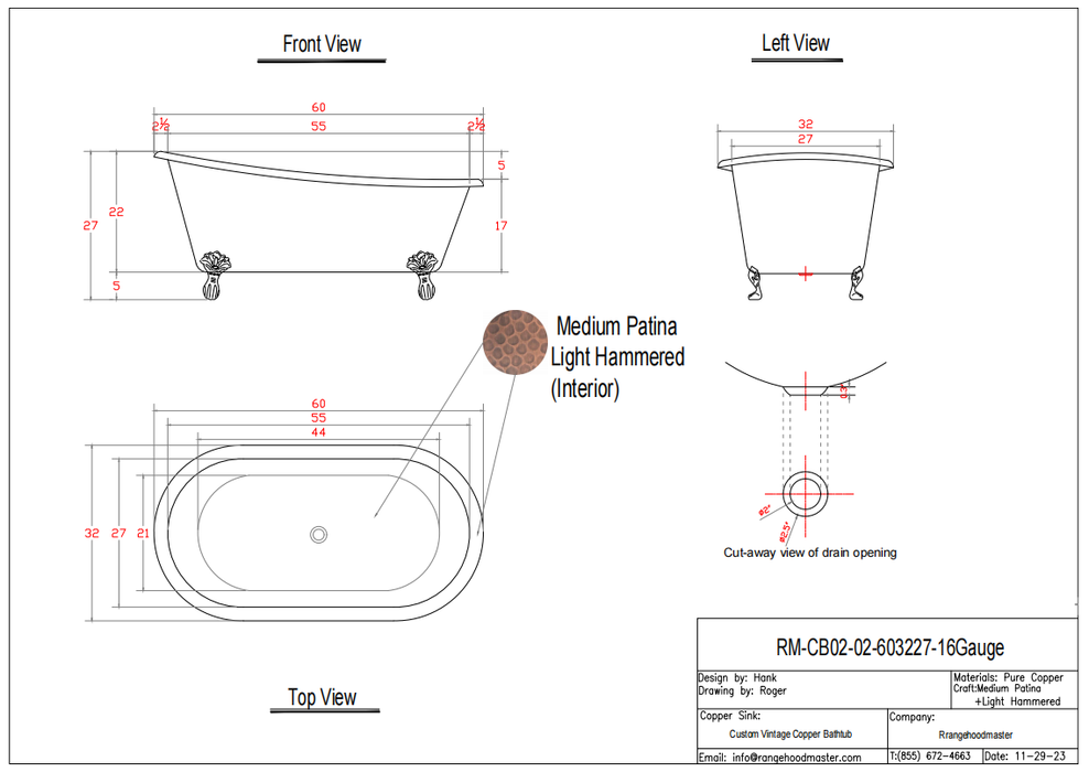 RHM Handcraft Freestanding Clawfoot Copper Bathtub for April