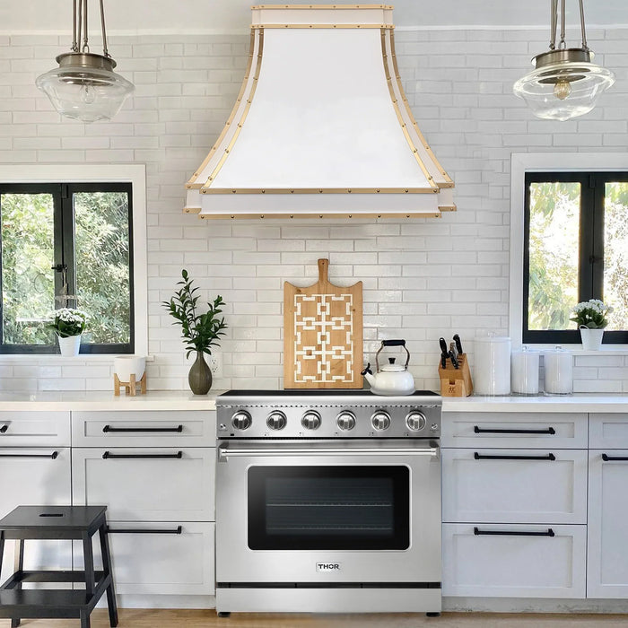 RHM Sweep White Stainless Steel Custom Range Hood with Brass Trims for  Melissa