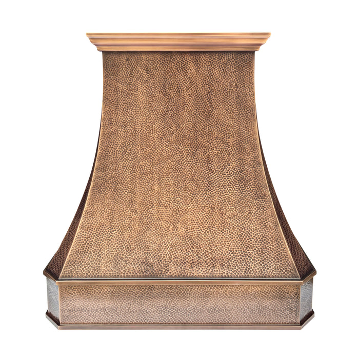 Medium Patina Hammered Copper Wall Mount Range Hood 42" W x 48" H VH03  (in-stock)