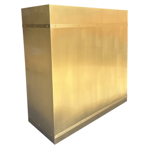 brass range hood with straps and rivets