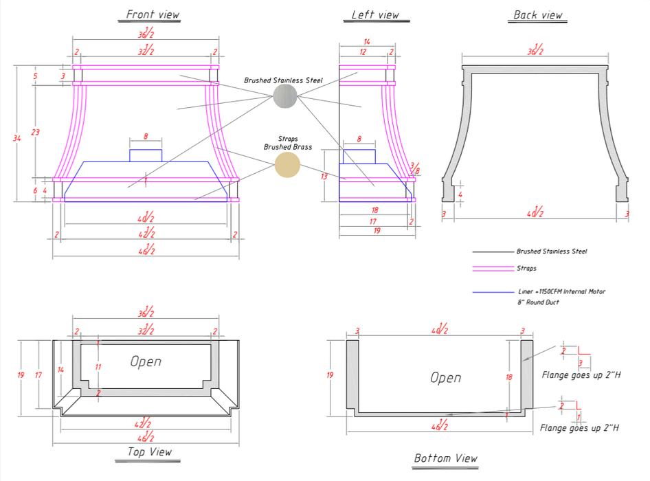 RHM Sweep Stainless Steel Custom Range Hood with Brass Accent H33 for Christa
