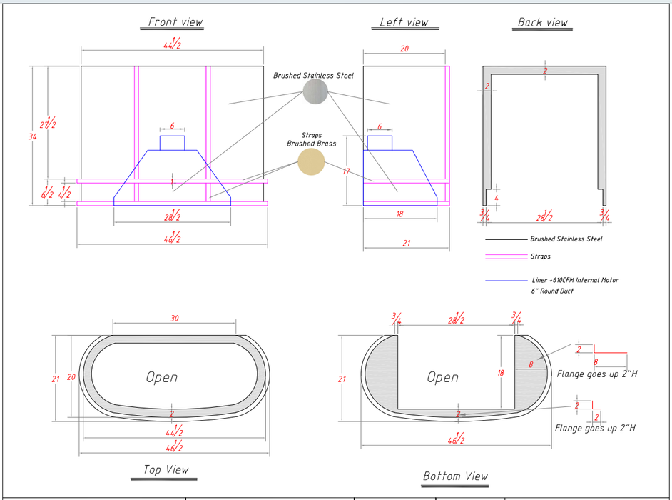 RHM Sweep Stainless Steel Custom Range Hood with Brass Accent H33 for Christa
