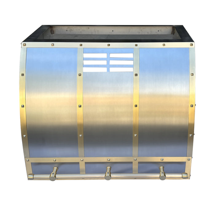 RHM-Barrel Shaped Stainless Steel Custom Range Hoods with Brass Strap 30"W x 24"H x 21"D With Ductless conversion (in-stock)