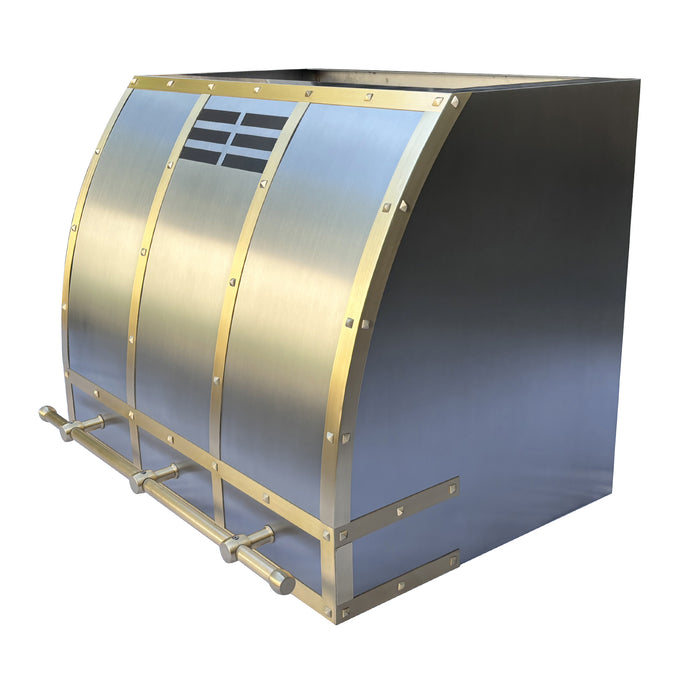 RHM-Barrel Shaped Stainless Steel Custom Range Hoods with Brass Strap 30"W x 24"H x 21"D With Ductless conversion (in-stock)