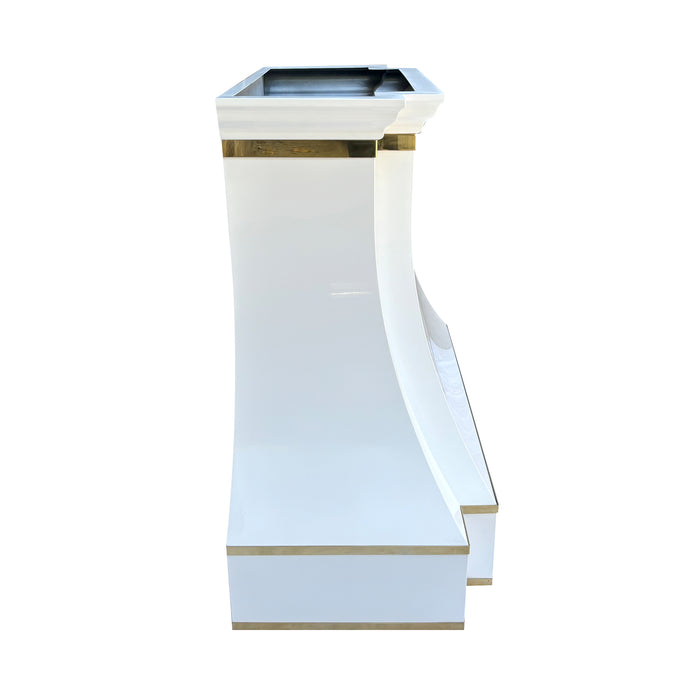 RHM-Sweep White Stainless Steel Custom Range Hood with Gold Trim 48W x 21D x 39H SH33-C4BTR-YK (In Stock)