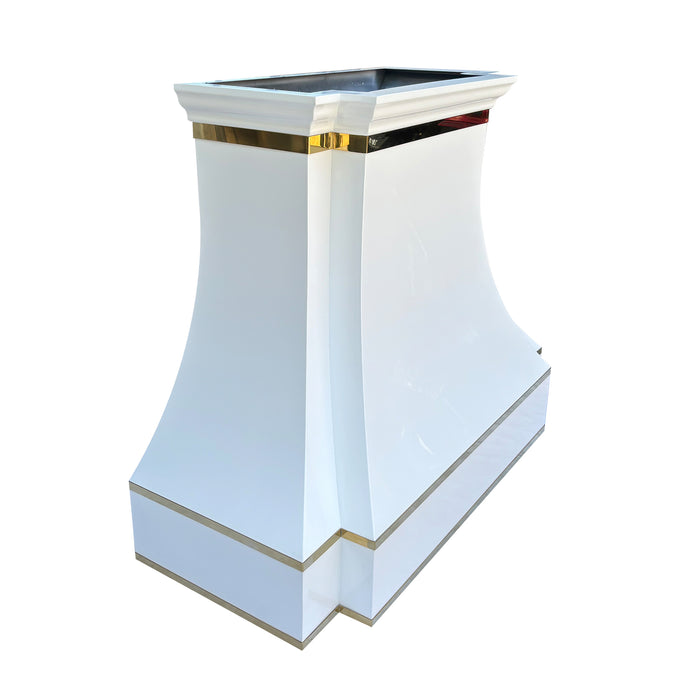 RHM-Sweep White Stainless Steel Custom Range Hood with Gold Trim 48W x 21D x 39H SH33-C4BTR-YK (In Stock)