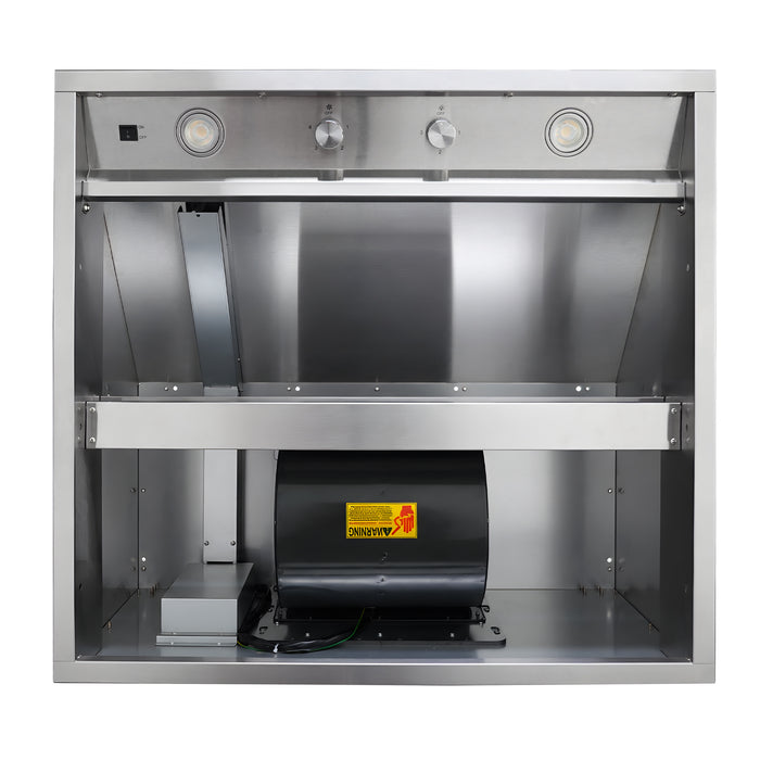 Interior view of BH01 36" outdoor range hood insert, integrated weatherproof 1050 CFM internal motor, LED lights and control knobs for outdoor BBQ custom metal vent hood"