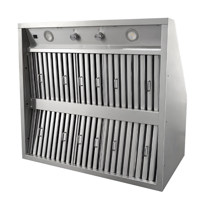 Angled front shot BH01 36-inch outdoor range hood insert, full stainless steel baffle filters, built-in 1050CFM weatherproof internal motor for backyard BBQ custom metal hood