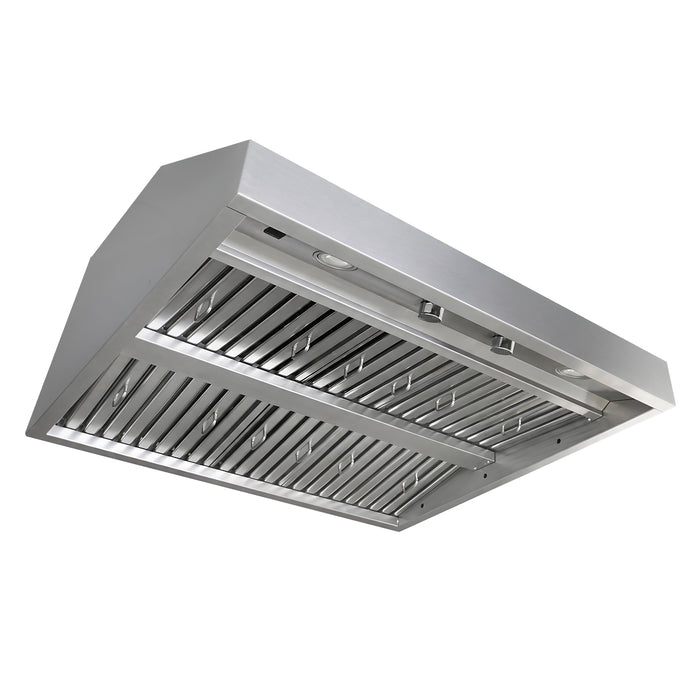Side angled exterior of BH01 36” weatherproof outdoor hood insert with stainless steel baffle filters, 1050 CFM internal motor liner for custom metal range hood