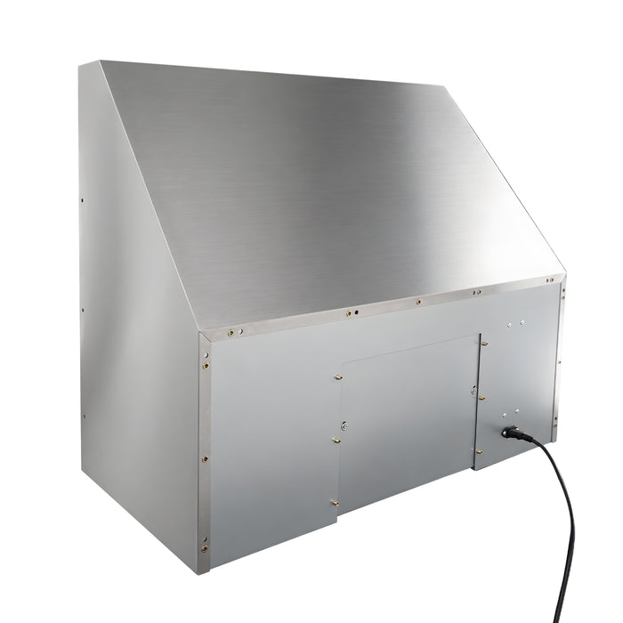Side exterior view BH01 36-inch outdoor range hood liner, seamless stainless steel shell with wiring outlet, 1050CFM weatherproof internal motor