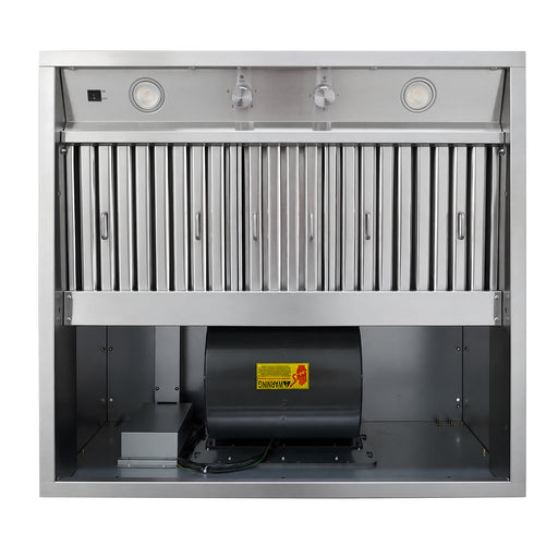 Interior view of BH01 36" outdoor range hood insert, integrated weatherproof 1050 CFM internal motor, LED lights and control knobs for outdoor BBQ custom metal vent hood"