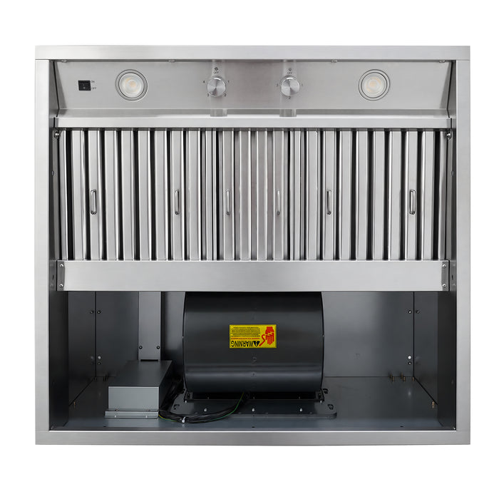 Interior view of BH01 36" outdoor range hood insert, integrated weatherproof 1050 CFM internal motor, LED lights and control knobs for outdoor BBQ custom metal vent hood"