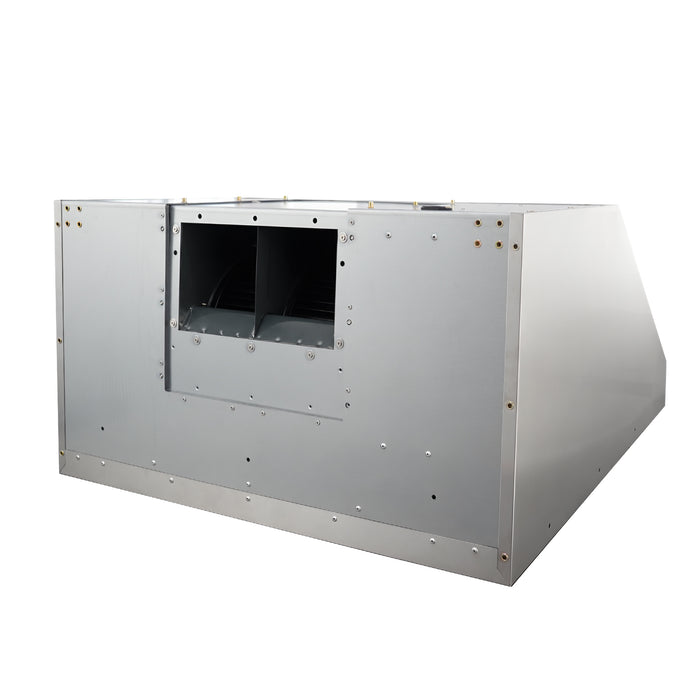 Back view BH01 36” outdoor weatherproof hood insert with 8 inch round duct opening, built-in 1050 CFM sealed internal motor for custom metal range hood