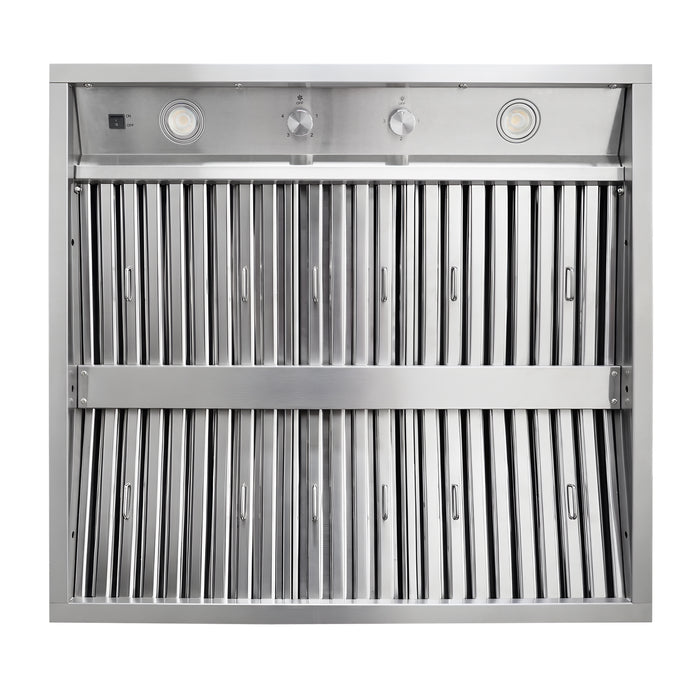 Close-up front baffle filter panel of BH01 36 inch outdoor range hood insert, SUS304 stainless steel liner with 1050 CFM weatherproof internal motor