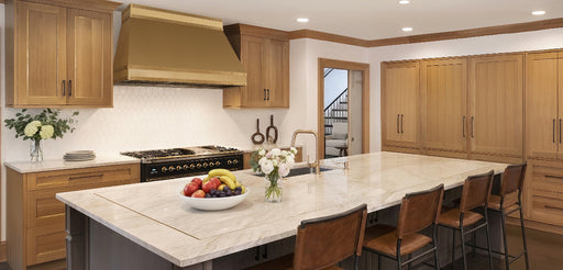 Rangehoodmaster brushed brass range hood with strap & rivets