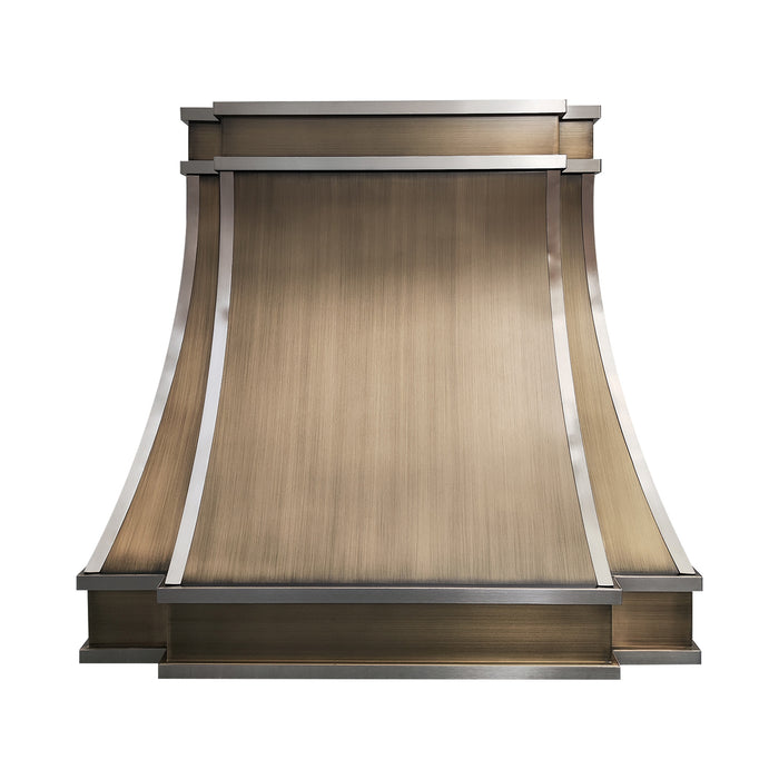 Antique brushed brass curved custom range hood with brushed stainless steel straps at rangehoodmaster