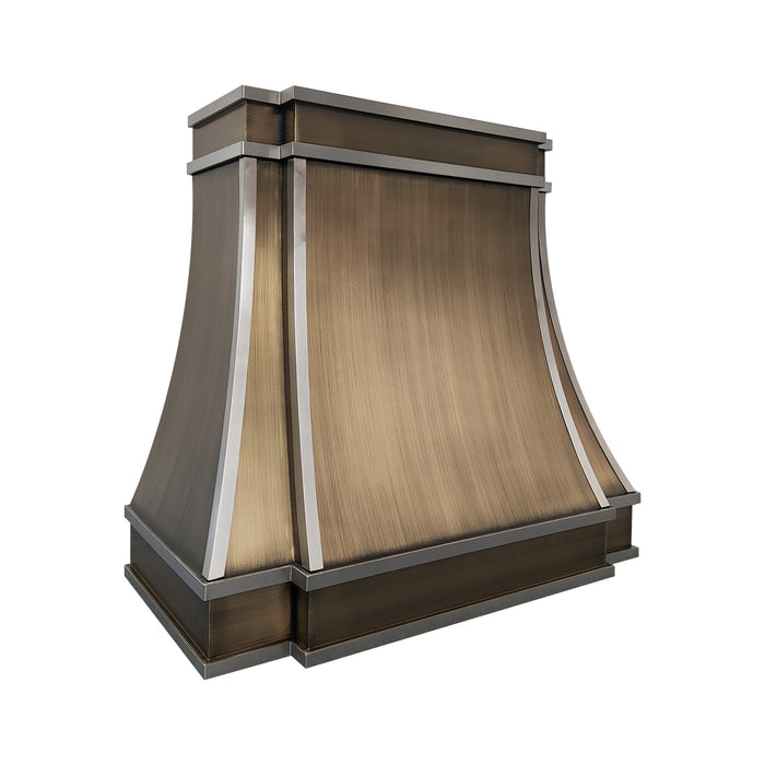 Antique brushed brass curved custom range hood with brushed stainless steel straps at rangehoodmaster