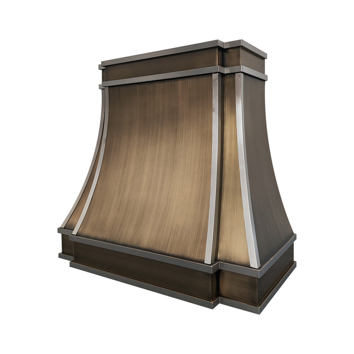Antique brushed brass curved custom range hood with brushed stainless steel straps at rangehoodmaster