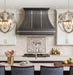 custom handmade antique brushed gray stainless steel curved range hood with brushed stainless steel straps and rivets at rangehoodmaster