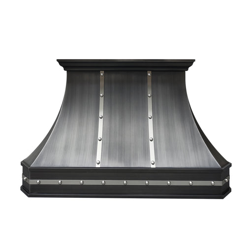 custom handmade antique brushed gray stainless steel curved range hood with brushed stainless steel straps and rivets at rangehoodmaster