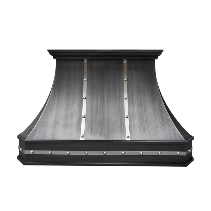 custom handmade antique brushed gray stainless steel curved range hood with brushed stainless steel straps and rivets at rangehoodmaster