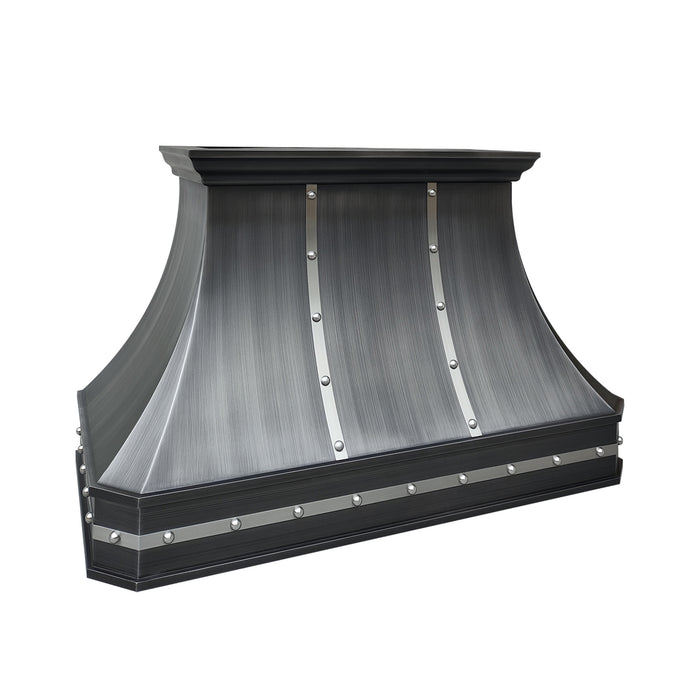 custom handmade antique brushed gray stainless steel curved range hood with brushed stainless steel straps and rivets at rangehoodmaster