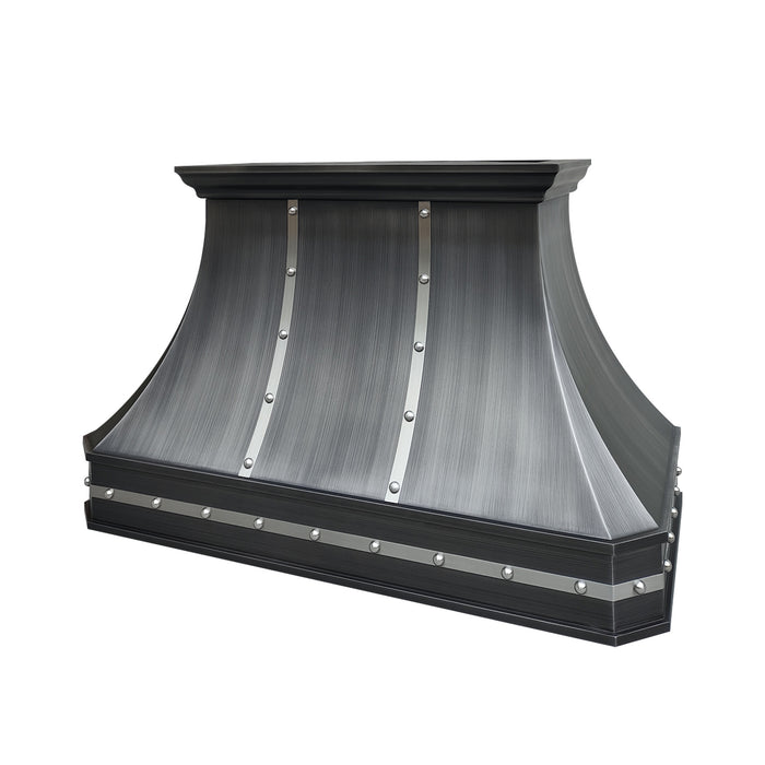 custom handmade antique brushed gray stainless steel curved range hood with brushed stainless steel straps and rivets at rangehoodmaster