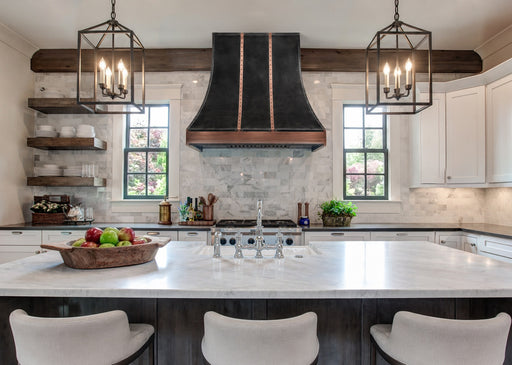 Antique zinc curved range hood with copper accents ZH7-2SCA
Custom zinc stove hood featuring handcrafted copper trim
Rustic luxury zinc kitchen hood with curved apron design
Farmhouse style antique zinc vent hood with copper detailing