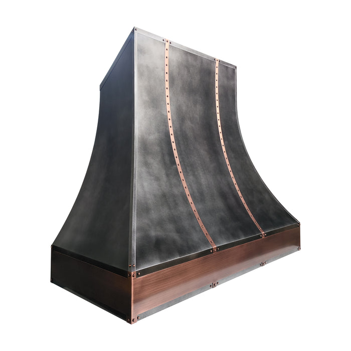 Antique zinc curved range hood with copper accents ZH7-2SCA
Custom zinc stove hood featuring handcrafted copper trim
Rustic luxury zinc kitchen hood with curved apron design
Farmhouse style antique zinc vent hood with copper detailing