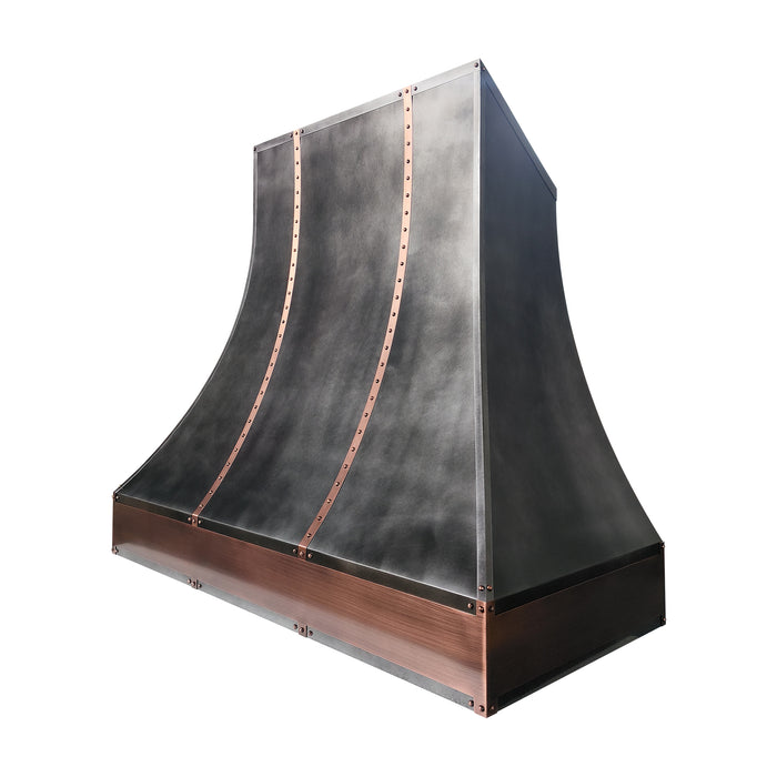 Antique zinc curved range hood with copper accents ZH7-2SCA
Custom zinc stove hood featuring handcrafted copper trim
Rustic luxury zinc kitchen hood with curved apron design
Farmhouse style antique zinc vent hood with copper detailing