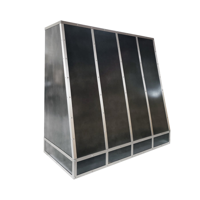 Handcrafted antique zinc custom kitchen range hood with angled design and brushed stainless steel straps and rivets at rangehoodmaster