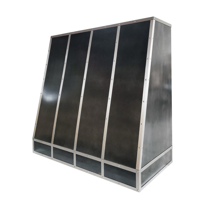 Handcrafted antique zinc custom kitchen range hood with angled design and brushed stainless steel straps and rivets at rangehoodmaster
